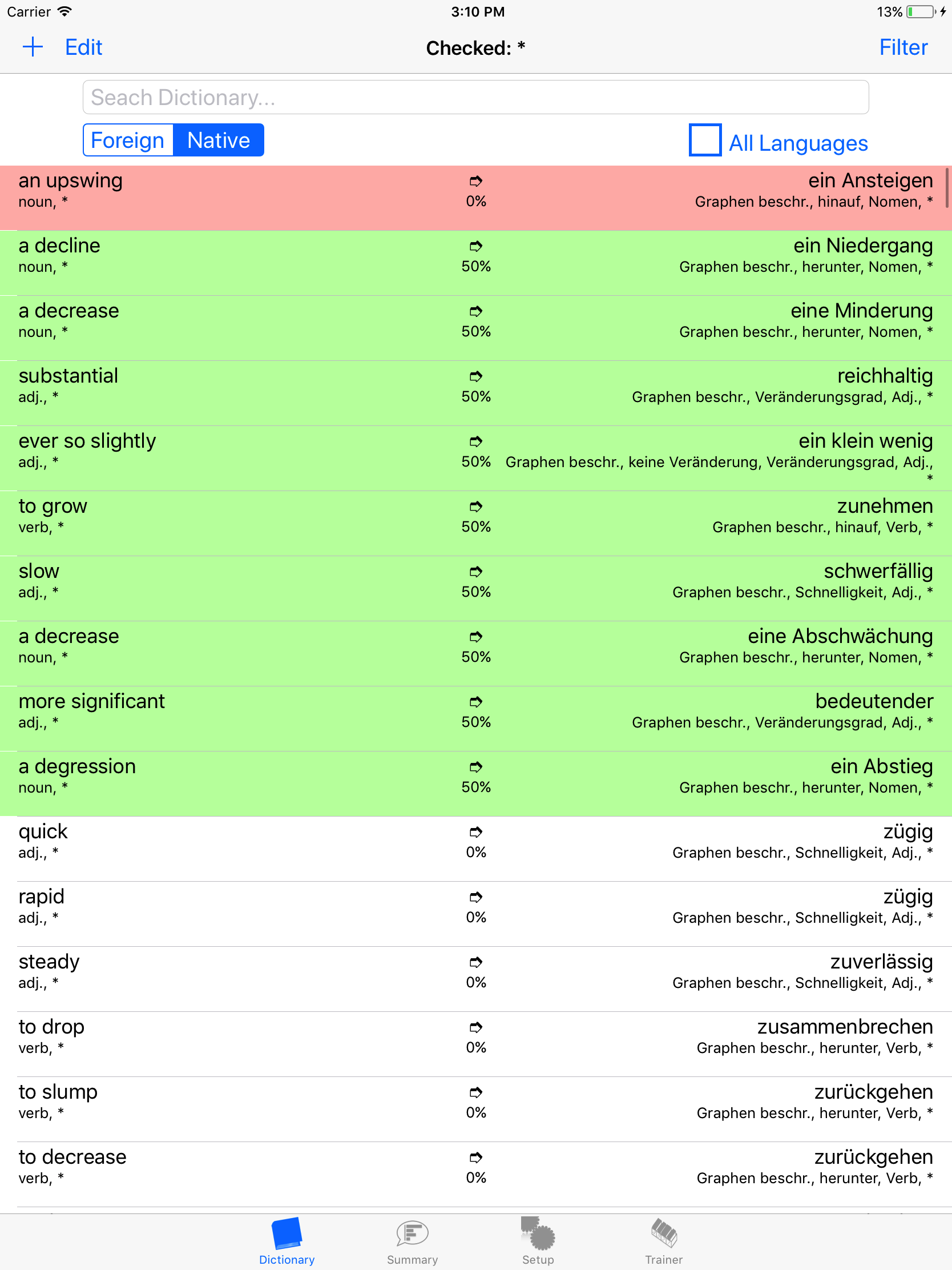 Dictionary shows the prompted learning unit highlighted in color, whereby the vocable 'an upswing -> ein Ansteigen' hasn’t been previously memorized or translated wrong. Emphasized in red are all vocables that have been mistranslated. For all vocables, which have been previously rated as answered 'Right' or 'Wrong', the learning evaluation (percentage) is updated.