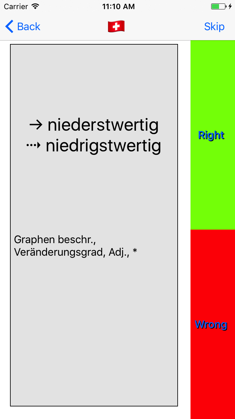 Trainer shows 2 solutions of vocable 'least significant', which are the foreign word translations 'niederstwertig' and 'niedrigstwertig'.