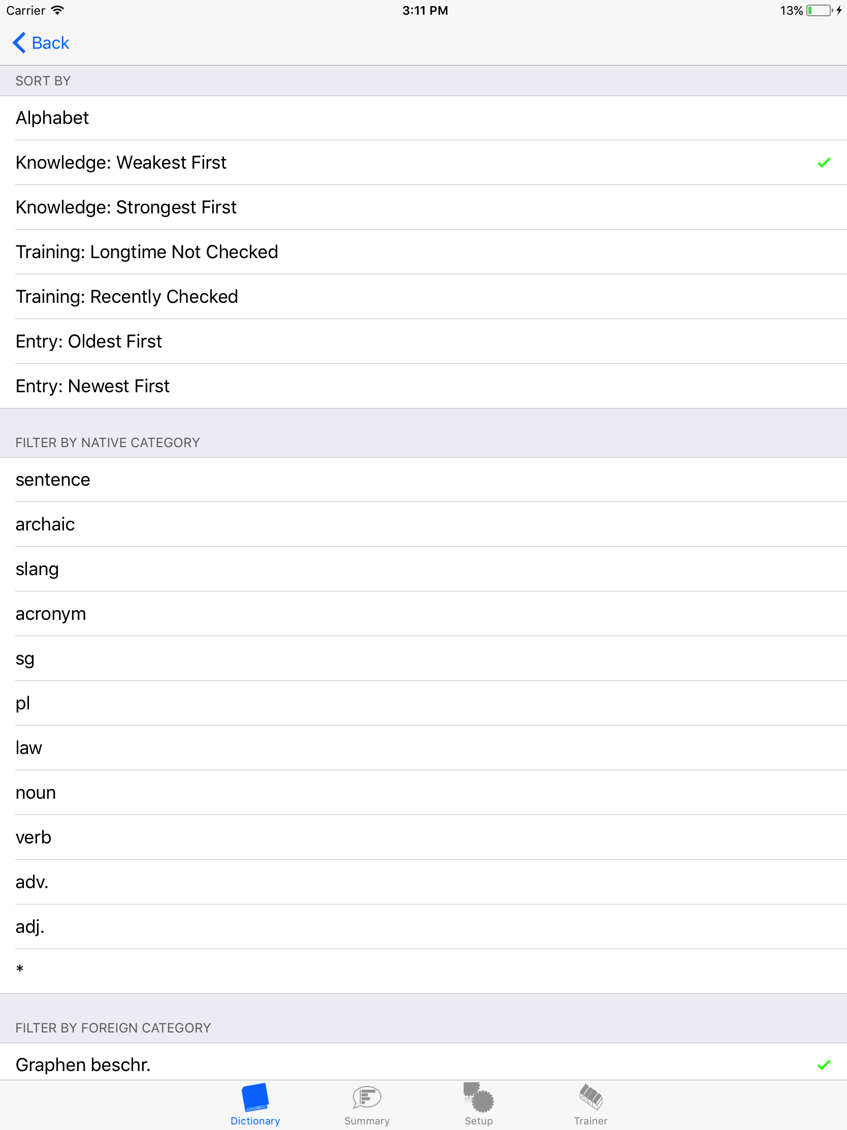 Filter definition for the dictionary: Only the translations of the category 'Graphen beschreiben' should be displayed. The order of the displayed entries should be sorted according to the learning evaluation ('Knowledge: weakest first'). After returning to the dictionary, the weakest of those translations, which still require a little more practice in the given direction of translation, are at the forefront.