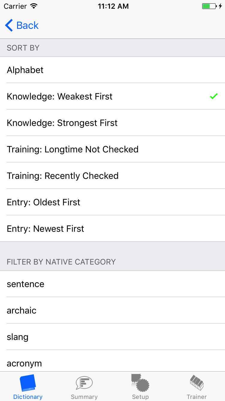 Filter definition for the dictionary: Only the translations of the category 'Graphen beschreiben' should be displayed. The order of the displayed entries should be sorted according to the learning evaluation ('Knowledge: weakest first'). After returning to the dictionary, the weakest of those translations, which still require a little more practice in the given direction of translation, are at the forefront.
