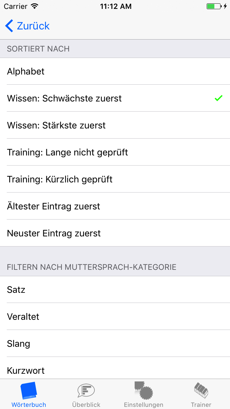Filter-Definition fürs Wörterbuch: Angezeigt werden sollen nur die Übersetzungen der Kategorie 'describing graphs', wobei  die Reihenfolge der angezeigten Einträge gemäss der Lernbewertung ('Wissen: Schwächste zuerst') zu sortieren ist. Dabei kommen nach dem Zurückkehren ins Wörterbuch die schwächsten dieser Übersetzungen, die noch etwas mehr Übung in der angegebenen Übersetzungsrichtung benötigen, an vorderster Stelle vor.