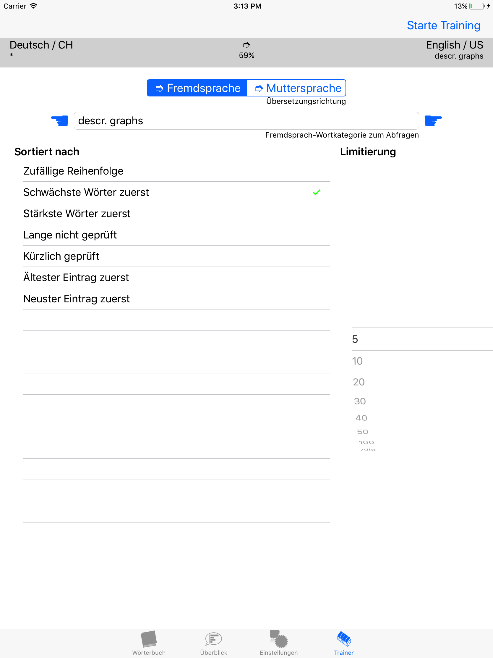 Nachfolgend fragt der Trainer die 5 schwächsten aller Übersetzungen der Kategorie 'describing graphs' ab.