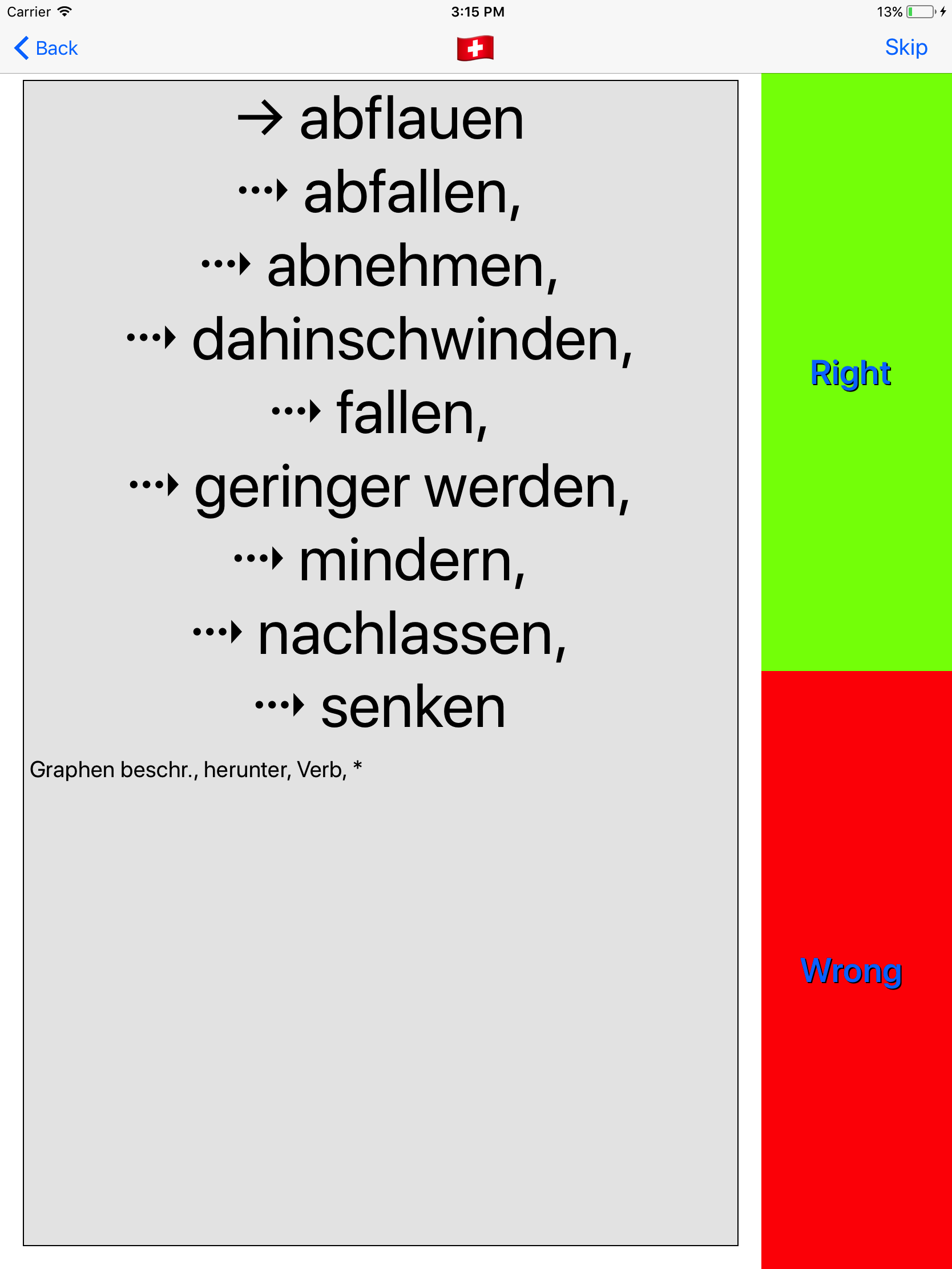 Trainer shows 9 solutions of vocable 'to decline', which are the foreign word translations 'abflauen', 'abfallen', 'abnehmen', 'dahinschwinden', 'fallen', 'geringer werden', 'mindern', 'nachlassen', and 'senken'.