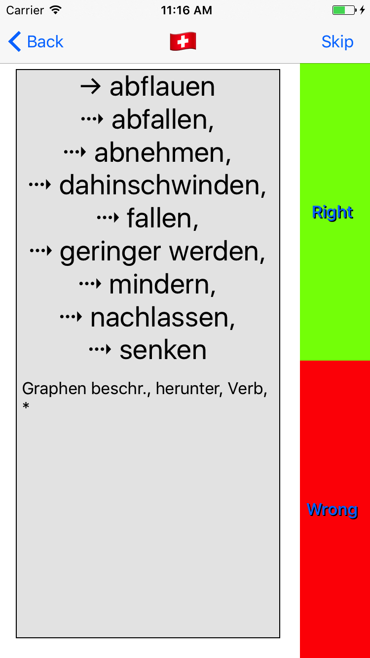Trainer shows 9 solutions of vocable 'to decline', which are the foreign word translations 'abflauen', 'abfallen', 'abnehmen', 'dahinschwinden', 'fallen', 'geringer werden', 'mindern', 'nachlassen', and 'senken'.