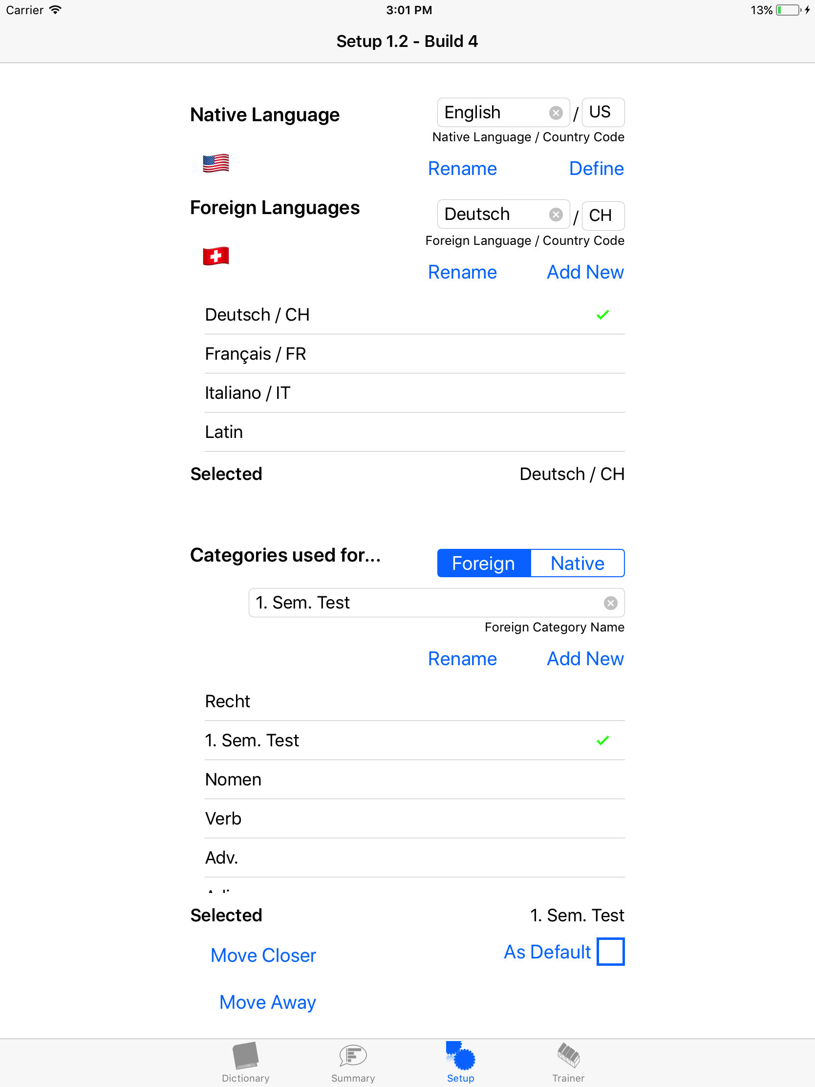 Setup with the native language 'English / US' and the available foreign languages 'Deutsch / CH', 'Français / FR', 'Italiano / IT', and 'Latin', as well as specification of word categories. The categories 'Recht', '1. Sem. Test', 'Nomen', 'Verb', 'Adv.' are visible on screen. The category '1. Sem. Test' is selected. 