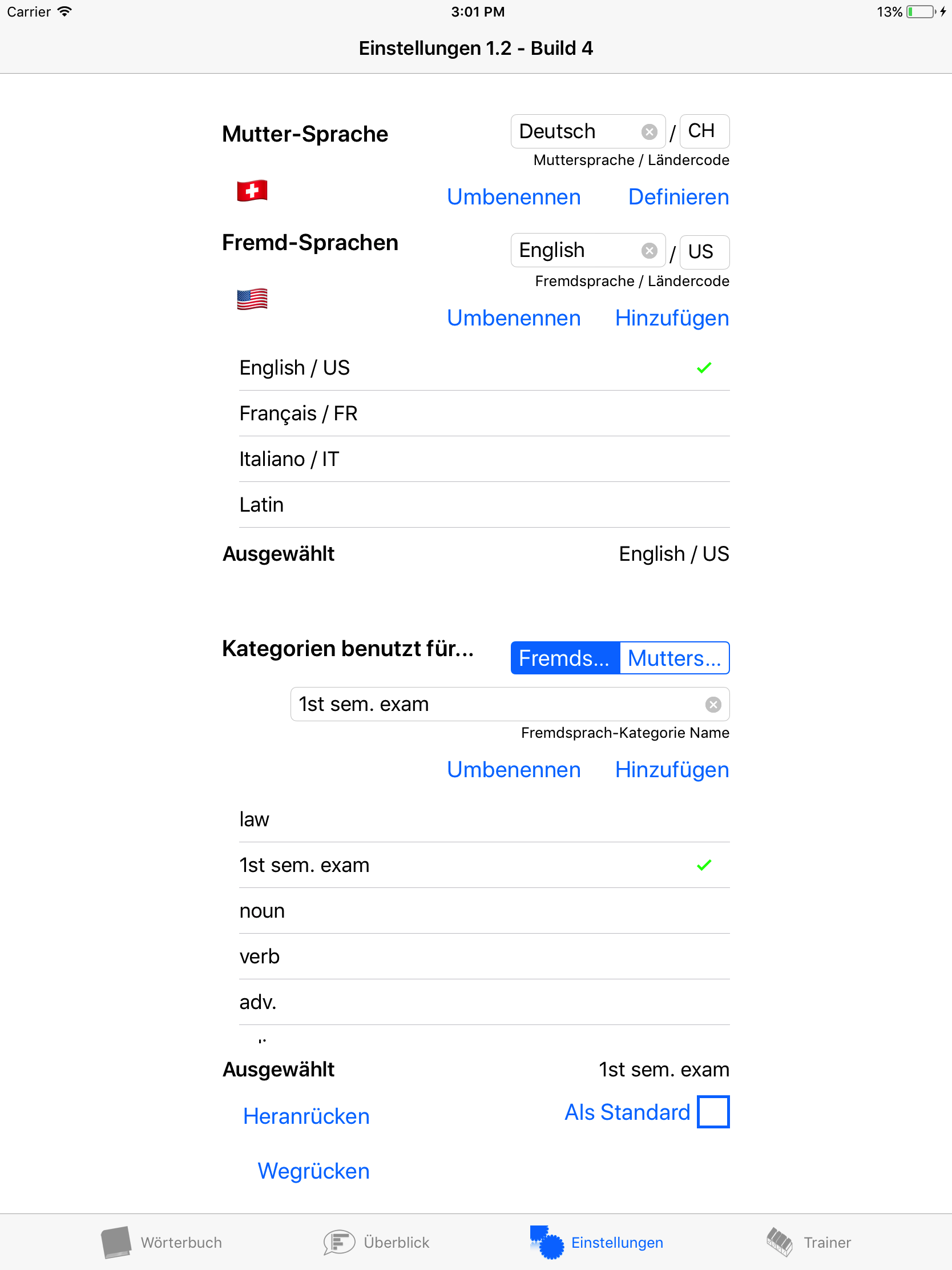 Einstellungen mit der Muttersprache 'Deutsch / CH' und den vorhandenen Fremdsprachen 'English / US', 'Français / FR', 'Italiano / IT' und 'Latin', sowie Spezifikation der Wortkategorien. Die Kategorien 'law', '1st sem. exam', 'noun', 'verb', 'adv.' auf dem Bildschirm sichtbar sind. Ausgewählt ist die Kategorie '1st sem. exam'.