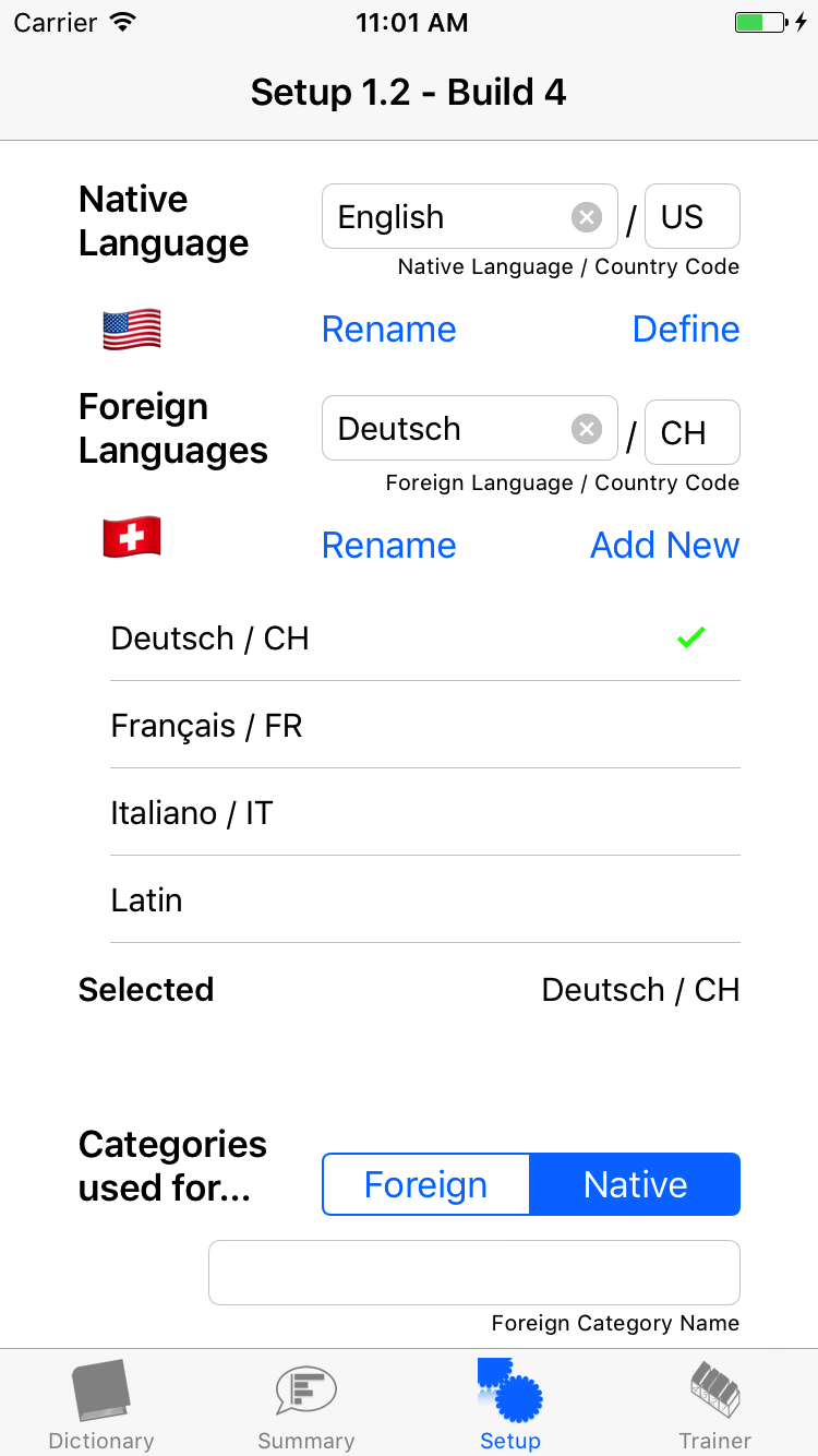 Setup with the native language 'English / US' and the available foreign languages 'Deutsch / CH', 'Français / FR', 'Italiano / IT', and 'Latin'.