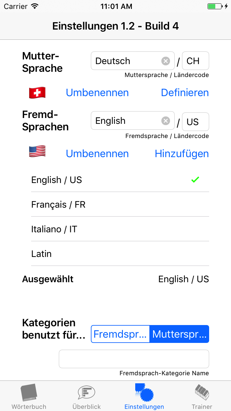 Einstellungen mit der Muttersprache 'Deutsch / CH' und den vorhandenen Fremdsprachen 'English / US', 'Français / FR', 'Italiano / IT' und 'Latin'.