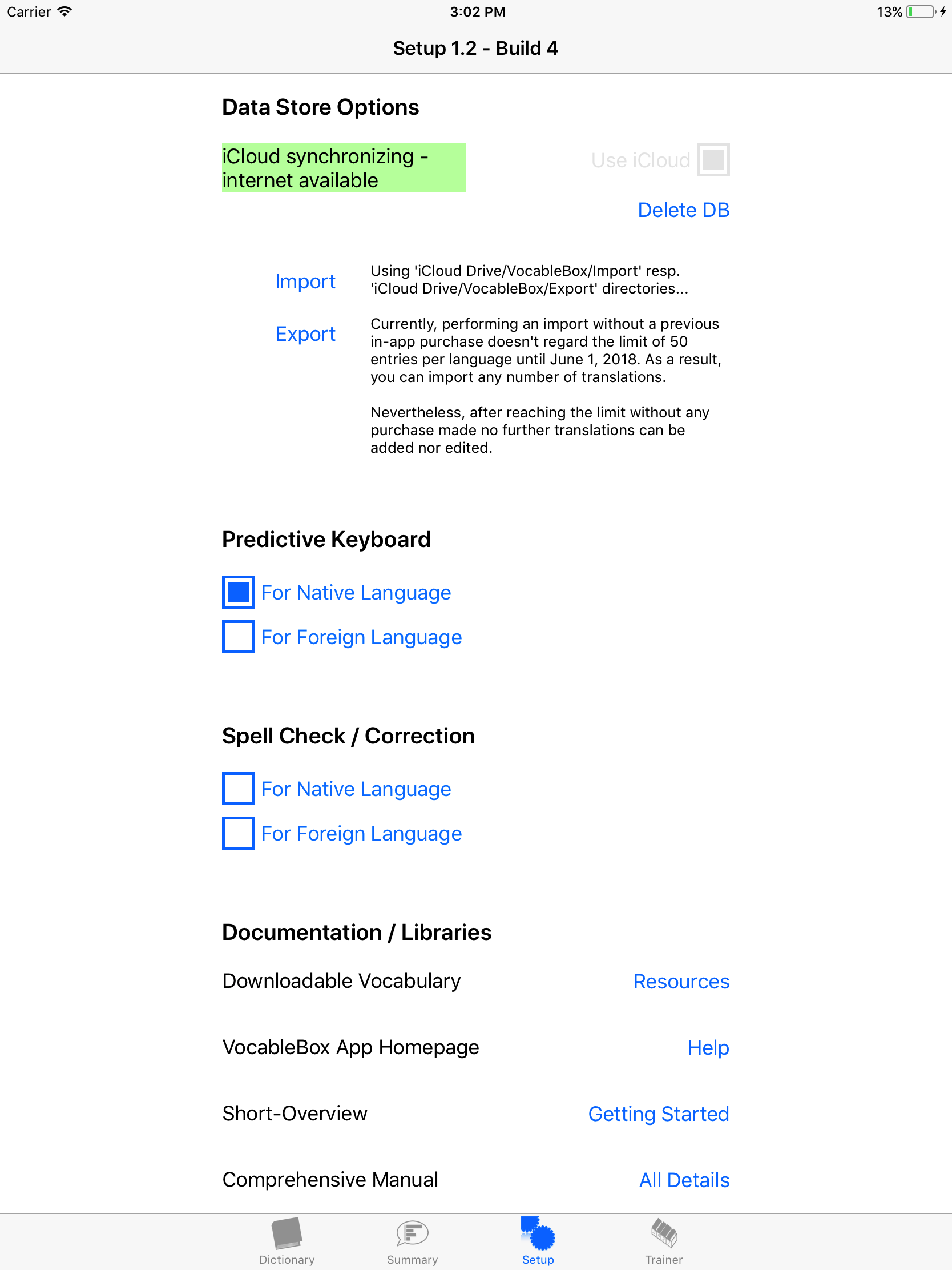 Setup with iCloud connectivity status 'iCloud synchronizing - internet available' and Import/Export functionality.