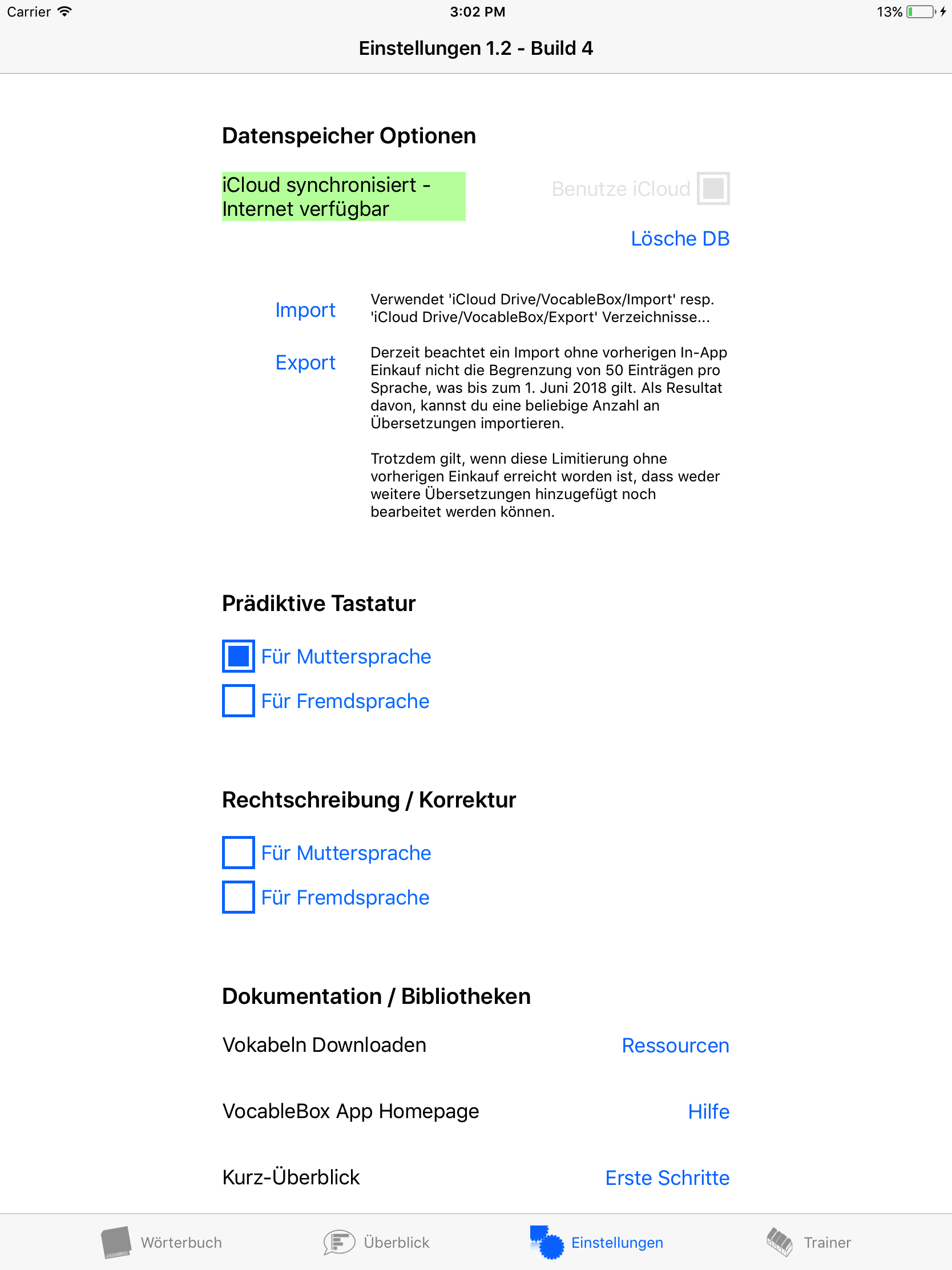Einstellungen mit iCloud Konnektivitätsstatus 'iCloud synchronisiert - Internet verfügbar' und Import/Export-Funktionalität.