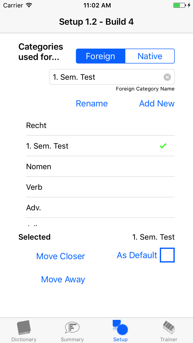 Setup with specification of word categories, where the categories 'Recht', '1. Sem. Test', 'Nomen', 'Verb', 'Adv.' are visible on screen. The category '1. Sem. Test' is selected.