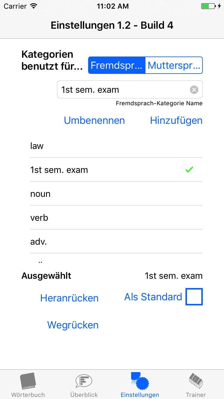 Einstellungen mit Spezifikation der Wortkategorien, wobei die Kategorien 'law', '1st sem. exam', 'noun', 'verb', 'adv.' auf dem Bildschirm sichtbar sind. Ausgewählt ist die Kategorie '1st sem. exam'.
