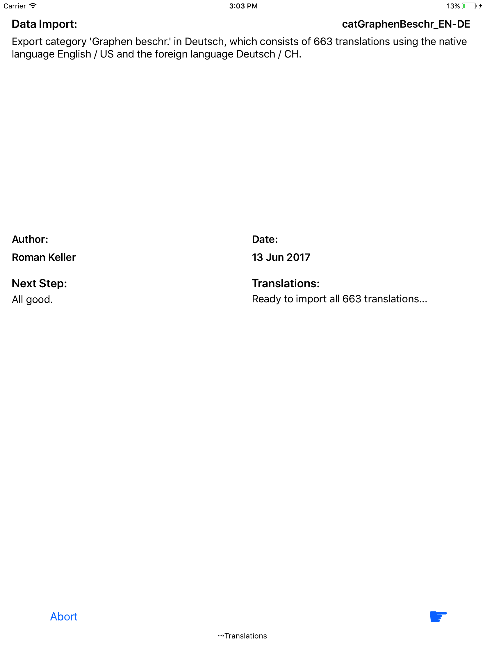 Entering the import configuration wizard, since a vocable box vocabulary file is available for usage. The import includes the German category 'Graphen beschreiben', which consists of 663 translations.