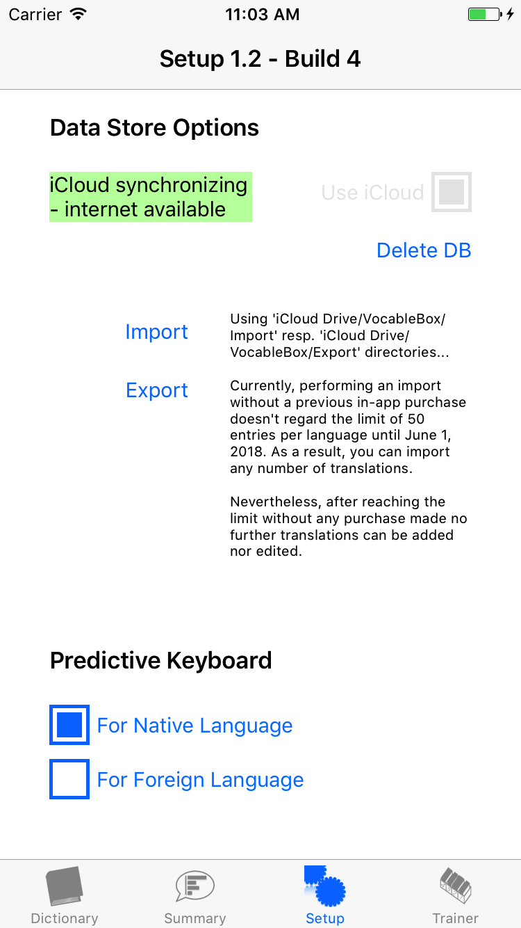 Setup with iCloud connectivity status 'iCloud synchronizing - internet available' and Import/Export functionality.