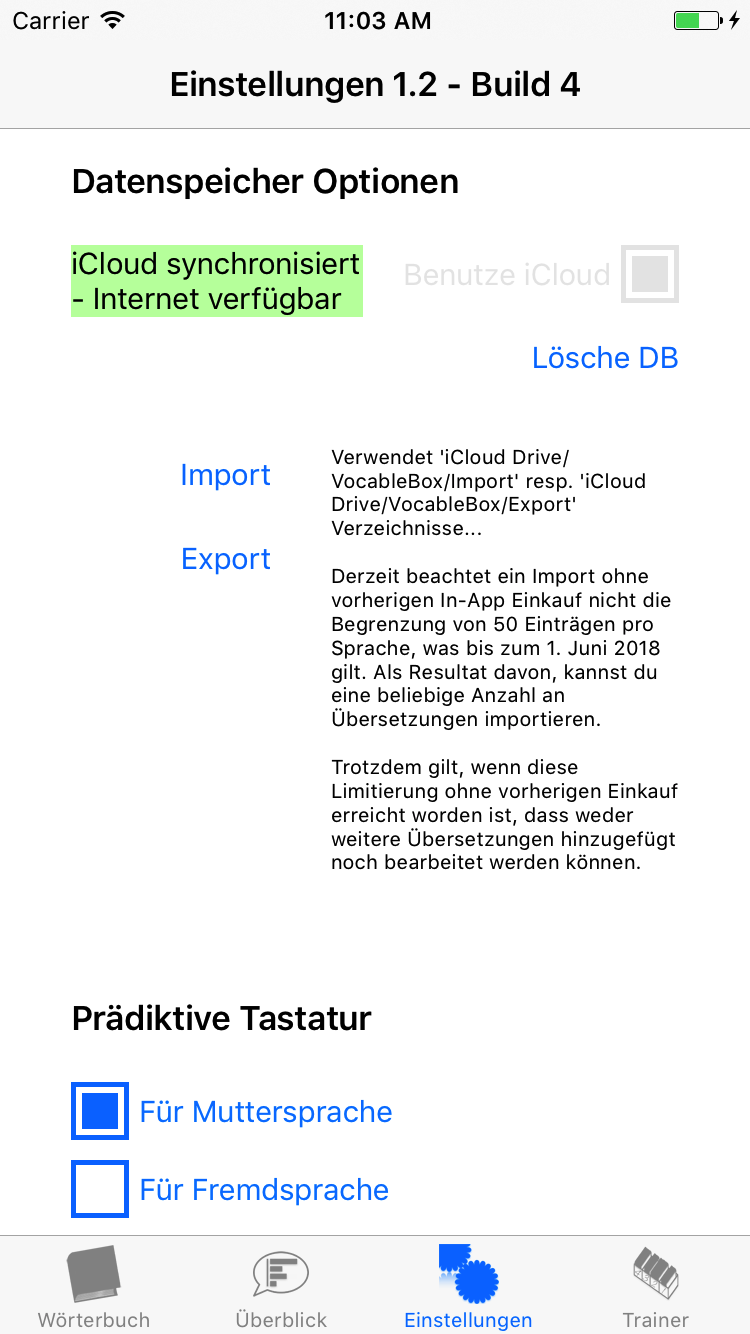 Einstellungen mit iCloud Konnektivitätsstatus 'iCloud synchronisiert - Internet verfügbar' und Import/Export-Funktionalität.