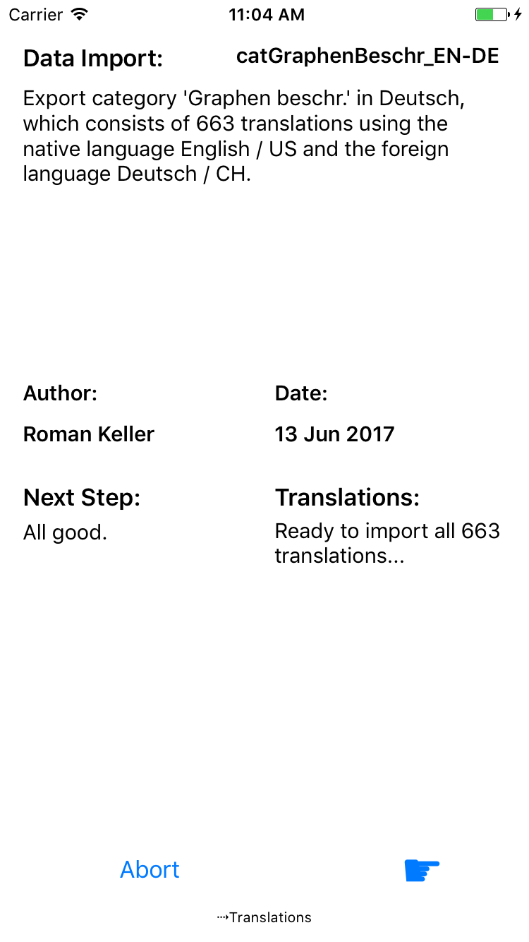 Entering the import configuration wizard, since a vocable box vocabulary file is available for usage. The import includes the German category 'Graphen beschreiben', which consists of 663 translations.