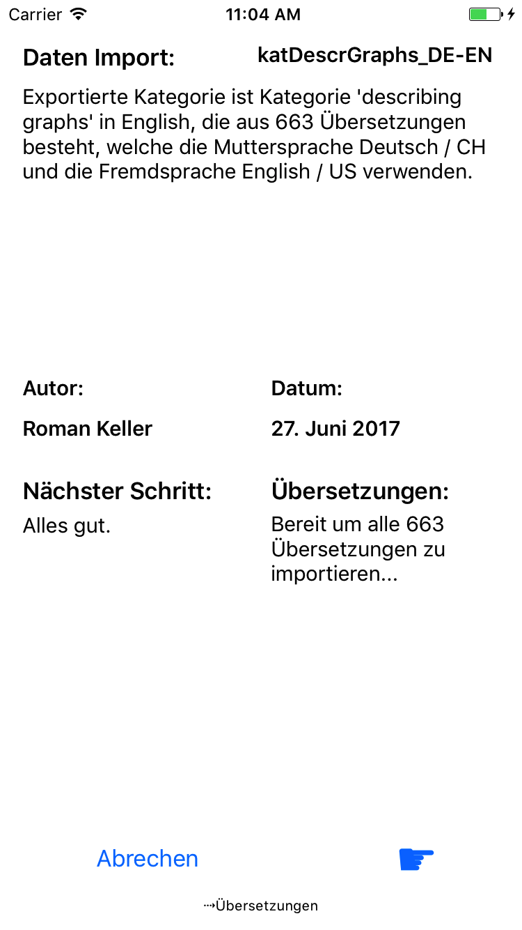Aufruf vom Import-Konfigurationsassistent, da eine Vocable Box Vokabel-Datei zum Benutzen zur Verfügung steht. Der Import beinhaltet die englische Kategorie 'describing graphs', welche aus 663 Übersetzungen besteht.