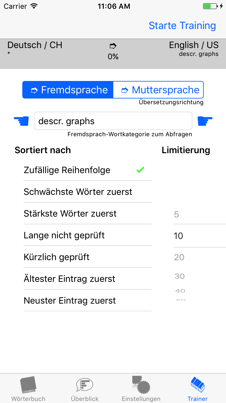 Nachfolgend fragt der Trainer 10 zufällige Übersetzungen der Kategorie 'describing graphs' ab.