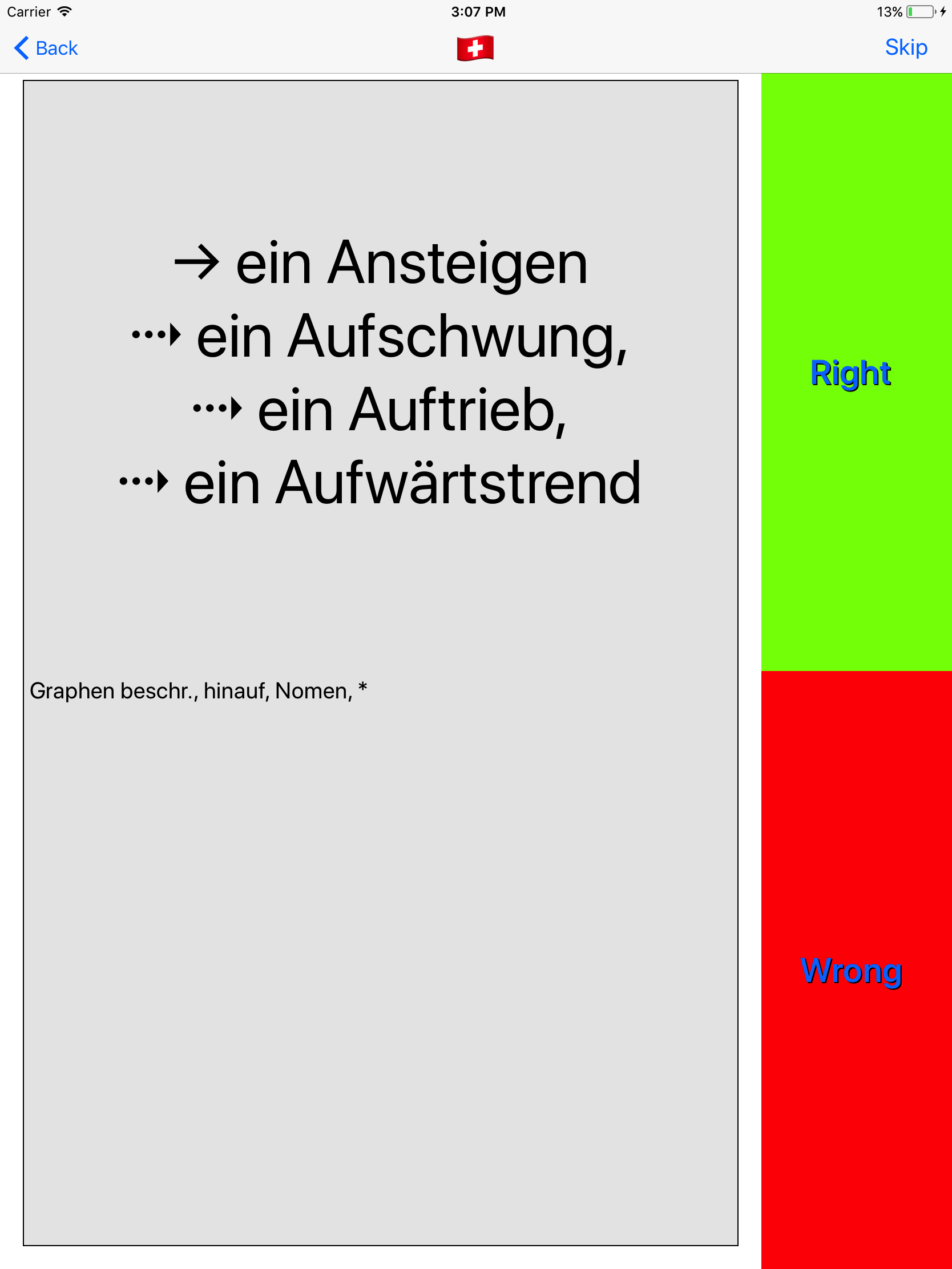 Trainer shows 4 solutions of vocable 'an upswing', which are the foreign word translations 'ein Ansteigen', 'ein Aufschwung', 'ein Auftrieb’, and 'ein Aufwärtstrend'.