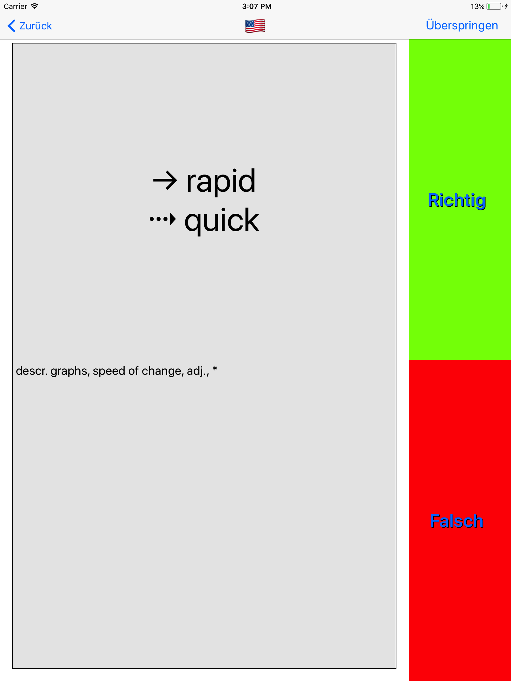 Trainer zeigt 2 Lösungen der Vokabel 'prompt', welche den fremdsprachlichen Übersetzungen 'rapid' und 'quick' entsprechen.