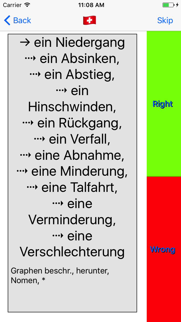Trainer shows 11 solutions of vocable 'a decline', which are the foreign word translations 'ein Niedergang', 'ein Absinken', 'ein Abstieg', 'ein Hinschwinden', 'ein Rückgang', 'ein Verfall', 'eine Abnahme', 'eine Minderung', 'eine Talfahrt', 'eine Verminderung', and 'eine Verschlechterung'.