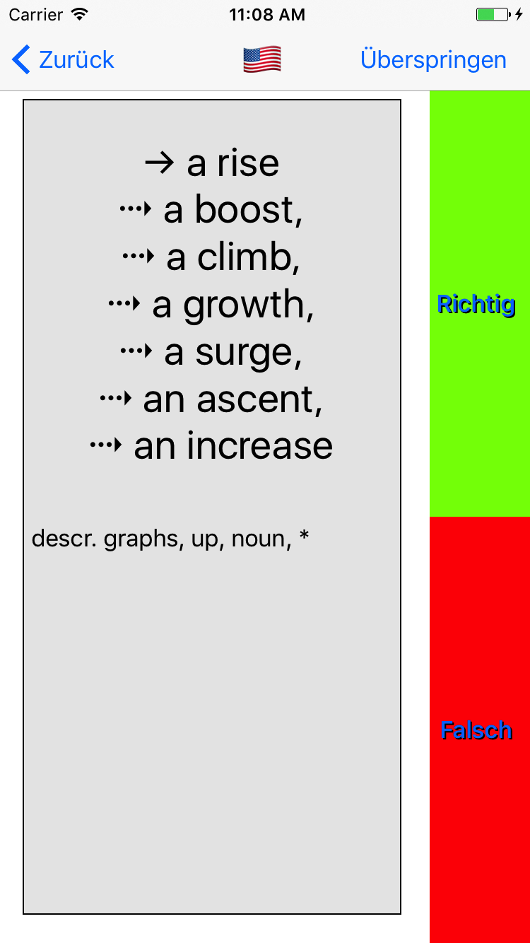 Trainer zeigt 7 Lösungen der Vokabel ein 'Anstieg', welche den fremdsprachlichen Übersetzungen 'a rise', 'a boost', 'a climb', 'a growth', 'a surge', 'an ascent' und 'an increase' entsprechen.