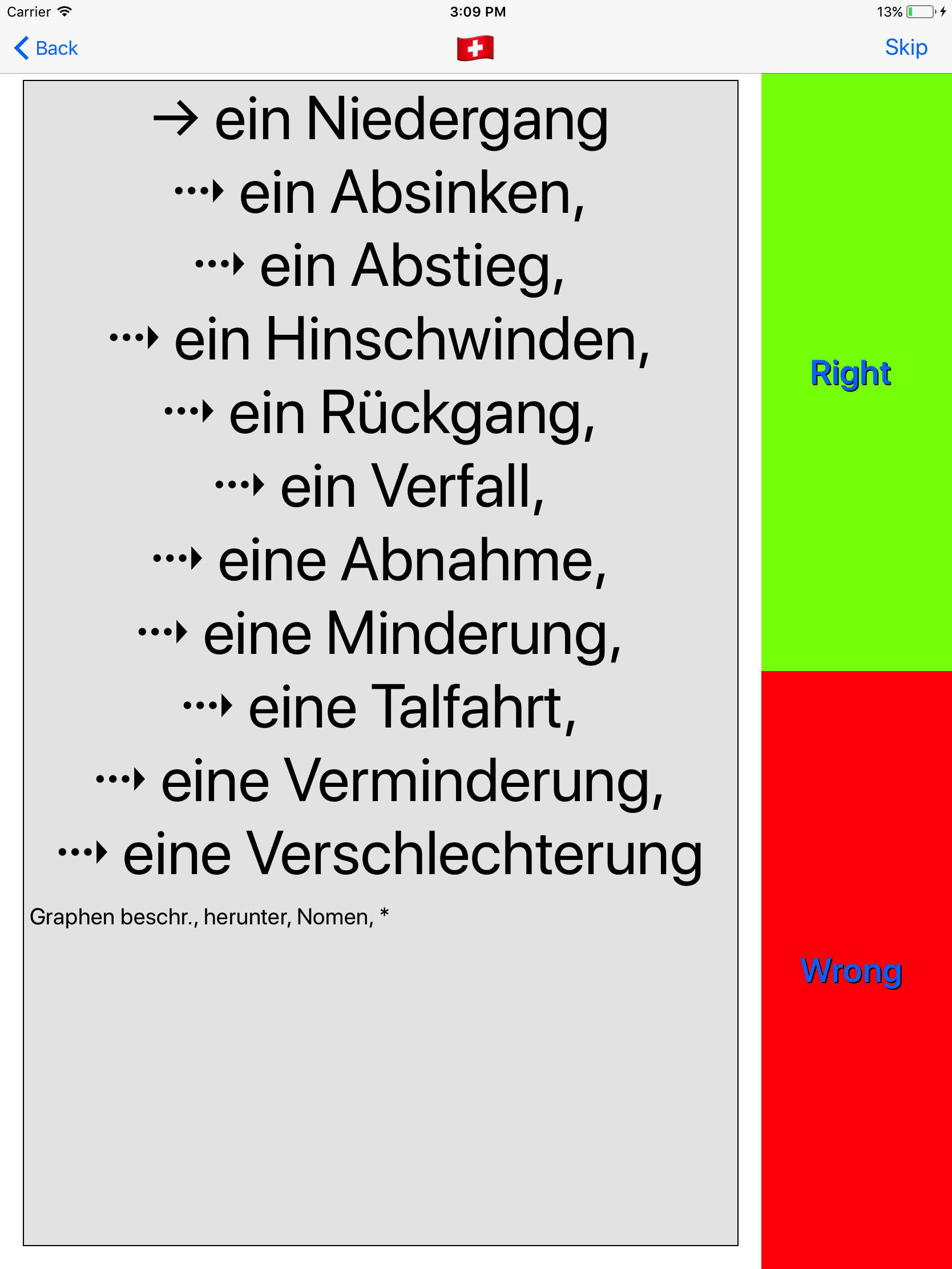 Trainer shows 11 solutions of vocable 'a decline', which are the foreign word translations 'ein Niedergang', 'ein Absinken', 'ein Abstieg', 'ein Hinschwinden', 'ein Rückgang', 'ein Verfall', 'eine Abnahme', 'eine Minderung', 'eine Talfahrt', 'eine Verminderung', and 'eine Verschlechterung'.