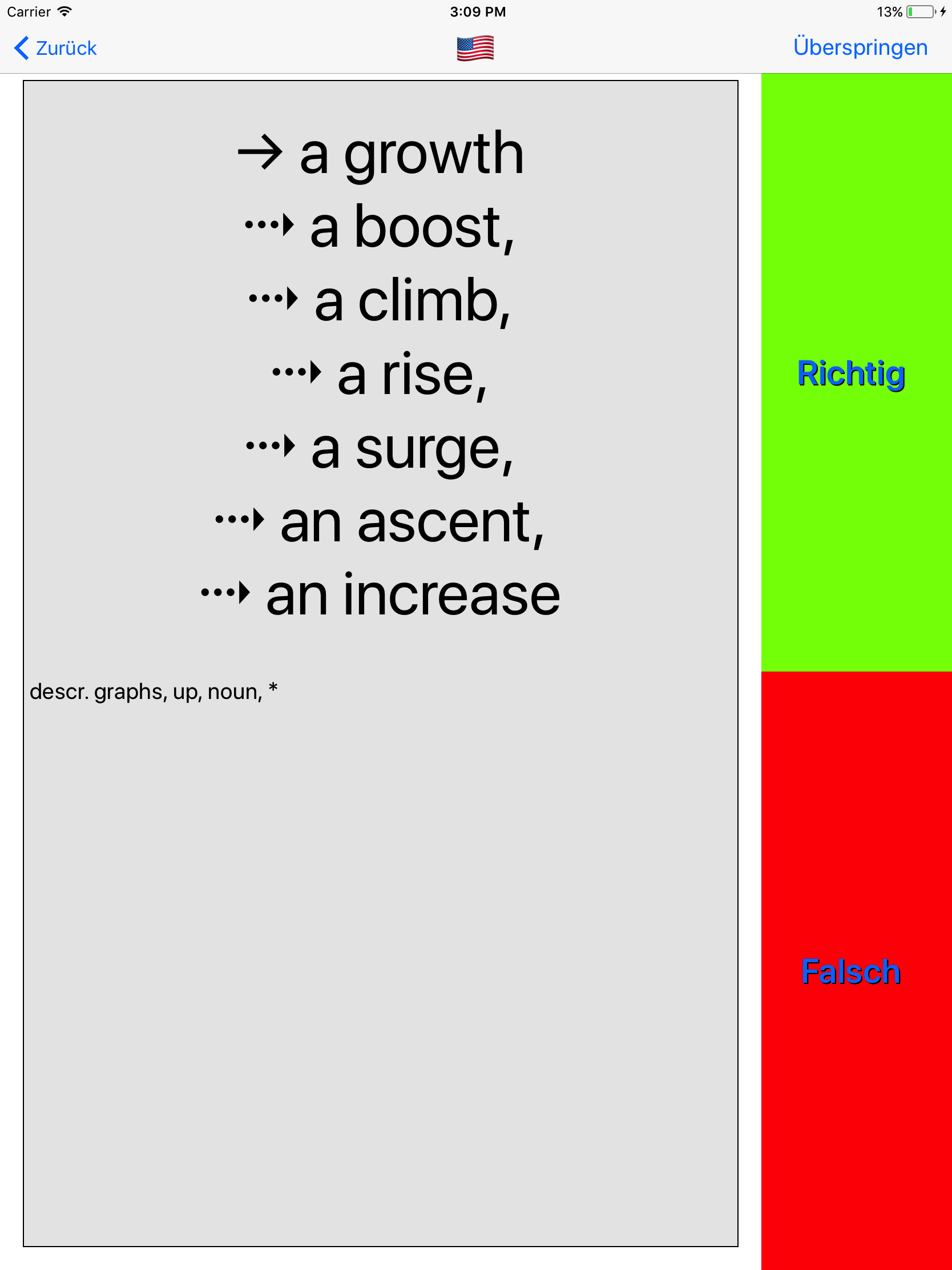 Trainer zeigt 7 Lösungen der Vokabel 'ein Anstieg', welche den fremdsprachlichen Übersetzungen 'a growth', 'a boost', 'a climb', 'a rise', 'a surge', 'an ascent' und 'an increase' entsprechen.